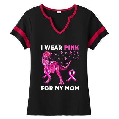 I Wear Pink For My Mom Dinosaur Breast Cancer Awareness Ladies Halftime Notch Neck Tee