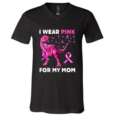 I Wear Pink For My Mom Dinosaur Breast Cancer Awareness V-Neck T-Shirt