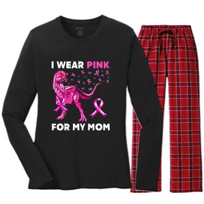 I Wear Pink For My Mom Dinosaur Breast Cancer Awareness Women's Long Sleeve Flannel Pajama Set 