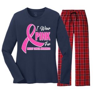 I Wear Pink For Breast Cancer Awareness Women's Long Sleeve Flannel Pajama Set 