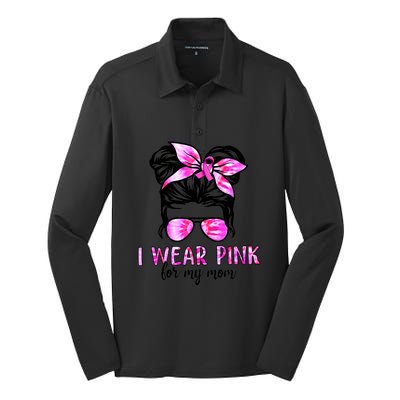 I Wear Pink For My Mom Messy Bun Breast Cancer Awareness Silk Touch Performance Long Sleeve Polo