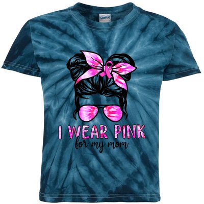 I Wear Pink For My Mom Messy Bun Breast Cancer Awareness Kids Tie-Dye T-Shirt