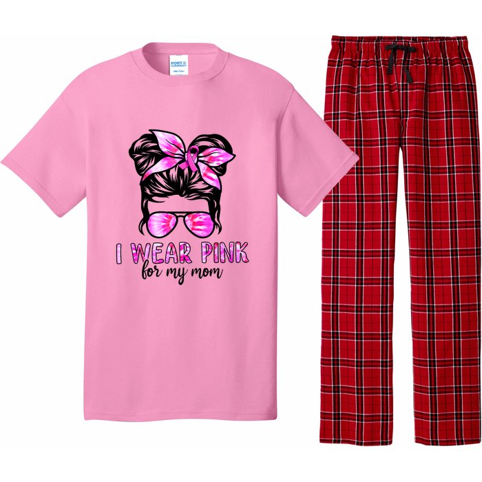 I Wear Pink For My Mom Messy Bun Breast Cancer Awareness Pajama Set