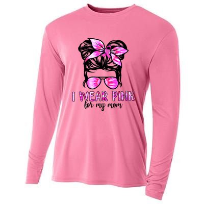 I Wear Pink For My Mom Messy Bun Breast Cancer Awareness Cooling Performance Long Sleeve Crew