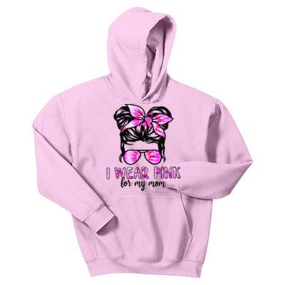 I Wear Pink For My Mom Messy Bun Breast Cancer Awareness Kids Hoodie