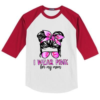 I Wear Pink For My Mom Messy Bun Breast Cancer Awareness Kids Colorblock Raglan Jersey