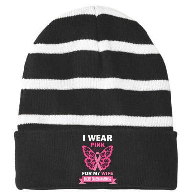 I Wear Pink For My Wife Breast Cancer Month Support Squad Striped Beanie with Solid Band