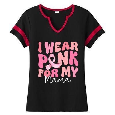 I Wear Pink For My Mama Breast Cancer Groovy Support Squads Ladies Halftime Notch Neck Tee