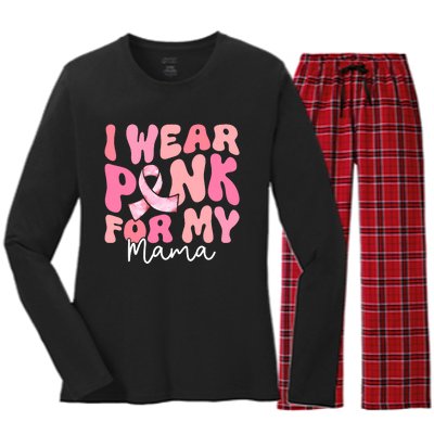 I Wear Pink For My Mama Breast Cancer Groovy Support Squads Women's Long Sleeve Flannel Pajama Set 