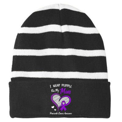 I Wear Purple For My Mom Pancreatic Cancer Awareness Cute Striped Beanie with Solid Band