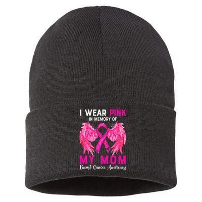 I Wear Pink My Mom Breast Cancer Awareness Angel Wings Sustainable Knit Beanie