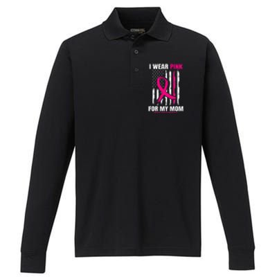 I Wear Pink For My Mom Breast Cancer Awareness American Flag Performance Long Sleeve Polo