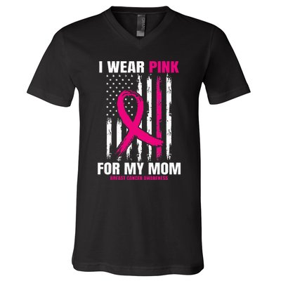 I Wear Pink For My Mom Breast Cancer Awareness American Flag V-Neck T-Shirt