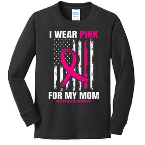 I Wear Pink For My Mom Breast Cancer Awareness American Flag Kids Long Sleeve Shirt