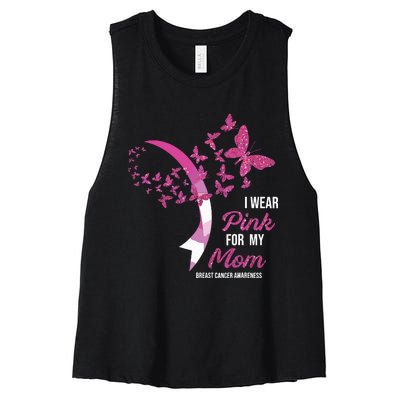 I Wear Pink For My Mom Breast Cancer Awareness Butterflies Women's Racerback Cropped Tank