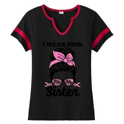 I Wear Pink For My Sister Messy Bun Breast Cancer Support Gift Ladies Halftime Notch Neck Tee