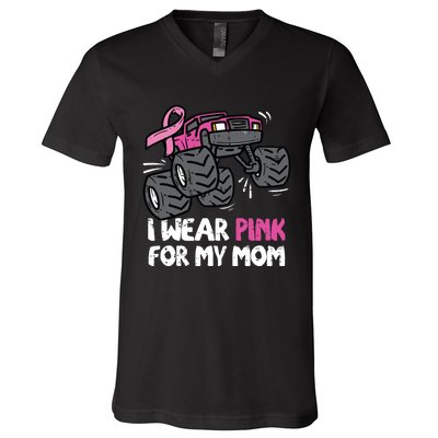 I Wear Pink For My Mom Monster Truck Breast Cancer Kids Boy V-Neck T-Shirt