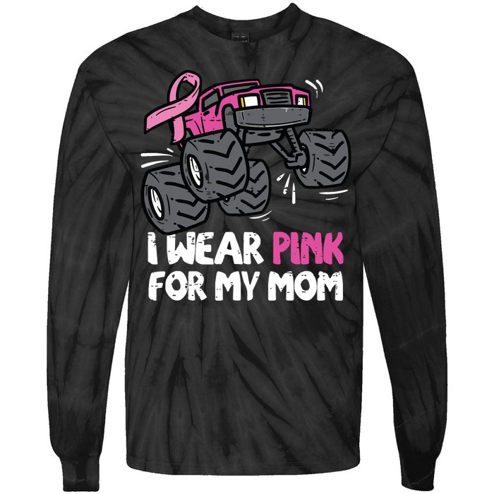 I Wear Pink For My Mom Monster Truck Breast Cancer Kids Boy Tie-Dye Long Sleeve Shirt