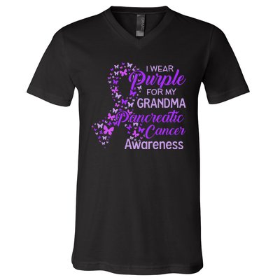 I Wear Purple For My Grandma Pancreatic Cancer Awareness V-Neck T-Shirt