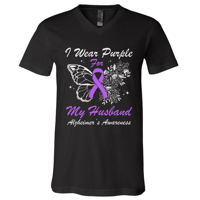 I Wear Purple For My Husband AlzheimerS Awareness Butterfly V-Neck T-Shirt