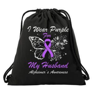 I Wear Purple For My Husband AlzheimerS Awareness Butterfly Drawstring Bag