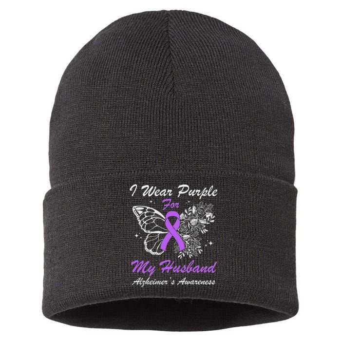 I Wear Purple For My Husband AlzheimerS Awareness Butterfly Sustainable Knit Beanie