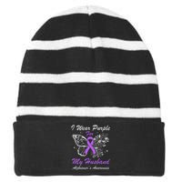 I Wear Purple For My Husband AlzheimerS Awareness Butterfly Striped Beanie with Solid Band