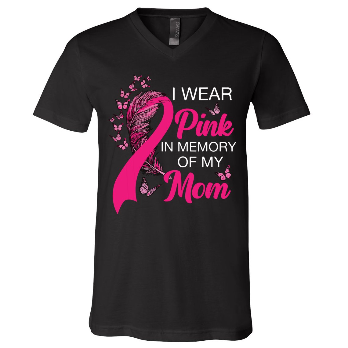 I Wear Pink In Memory Of My Mom Butterfly Breast Cancer V-Neck T-Shirt