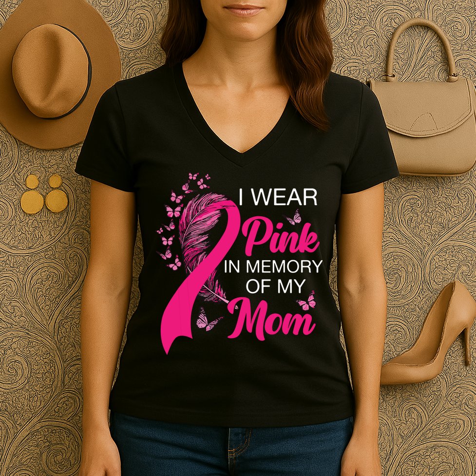 I Wear Pink In Memory Of My Mom Butterfly Breast Cancer Women's V-Neck T-Shirt