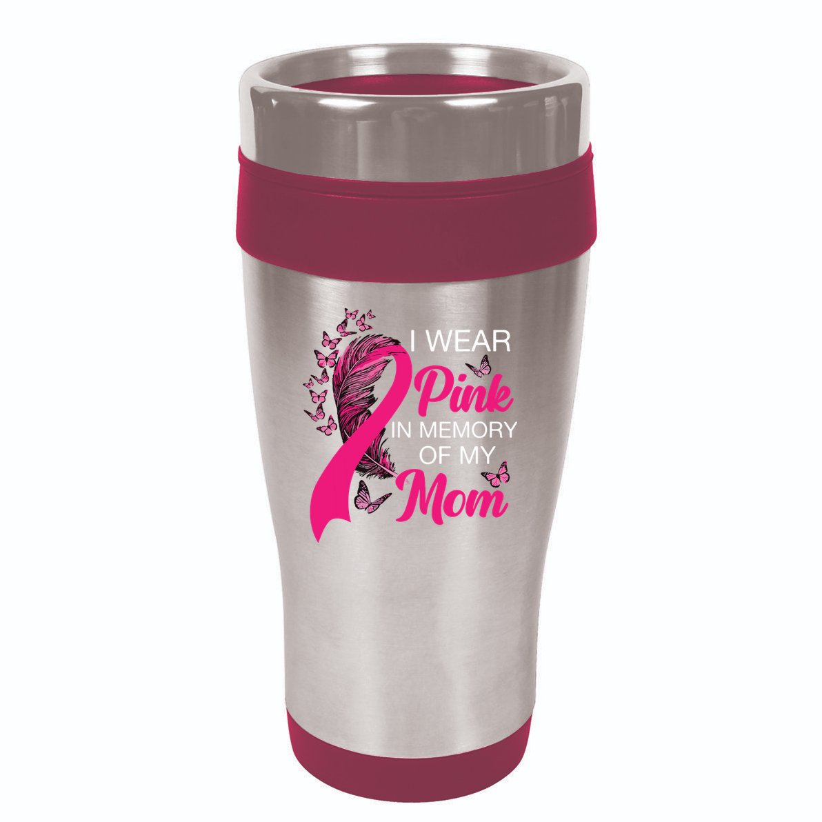 I Wear Pink In Memory Of My Mom Butterfly Breast Cancer 16oz Travel Tumbler