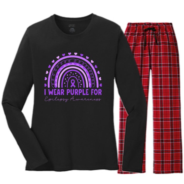 I Wear Purple For Epilepsy Awareness Purple Rainbow Epilepsy Women's Long Sleeve Flannel Pajama Set 