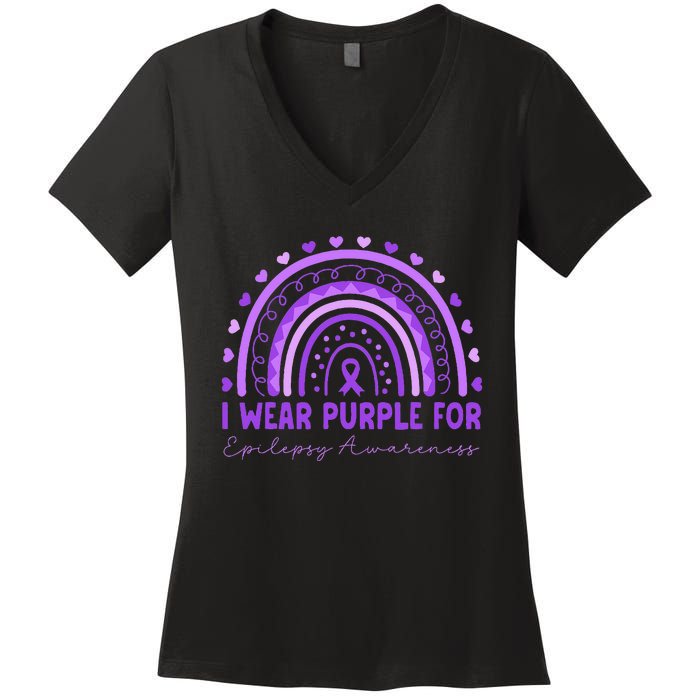 I Wear Purple For Epilepsy Awareness Purple Rainbow Epilepsy Women's V-Neck T-Shirt