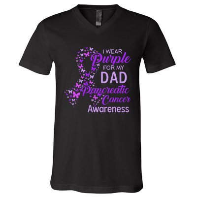 I wear Purple for my Dad Pancreatic Cancer V-Neck T-Shirt