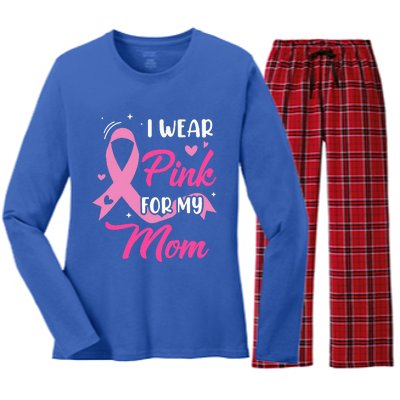 I Wear Pink For My Mom Support Breast Cancer Awareness Women's Long Sleeve Flannel Pajama Set 