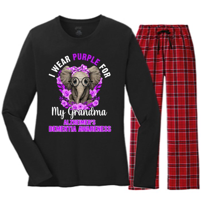 I Wear Purple For Grandma Dementia Awareness Elephant Women's Long Sleeve Flannel Pajama Set 