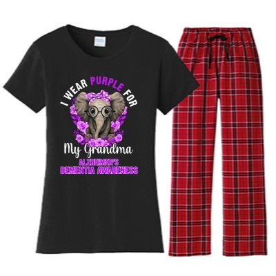 I Wear Purple For Grandma Dementia Awareness Elephant Women's Flannel Pajama Set