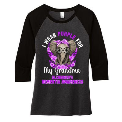 I Wear Purple For Grandma Dementia Awareness Elephant Women's Tri-Blend 3/4-Sleeve Raglan Shirt