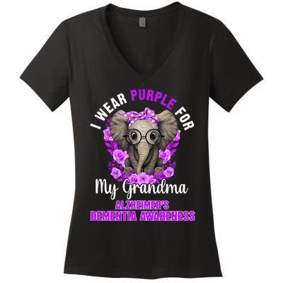 I Wear Purple For Grandma Dementia Awareness Elephant Women's V-Neck T-Shirt