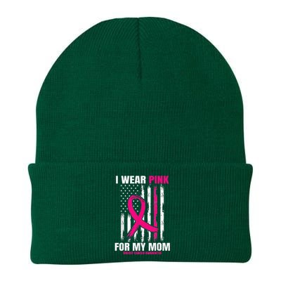 I Wear Pink For My Mom Breast Cancer Awareness American Flag Knit Cap Winter Beanie