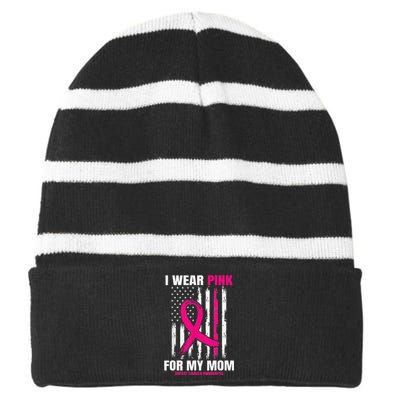 I Wear Pink For My Mom Breast Cancer Awareness American Flag Striped Beanie with Solid Band