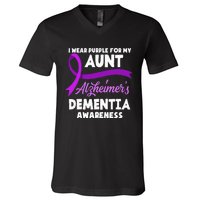 I Wear Purple For My Aunt Alzheimers Dementia Awareness V-Neck T-Shirt