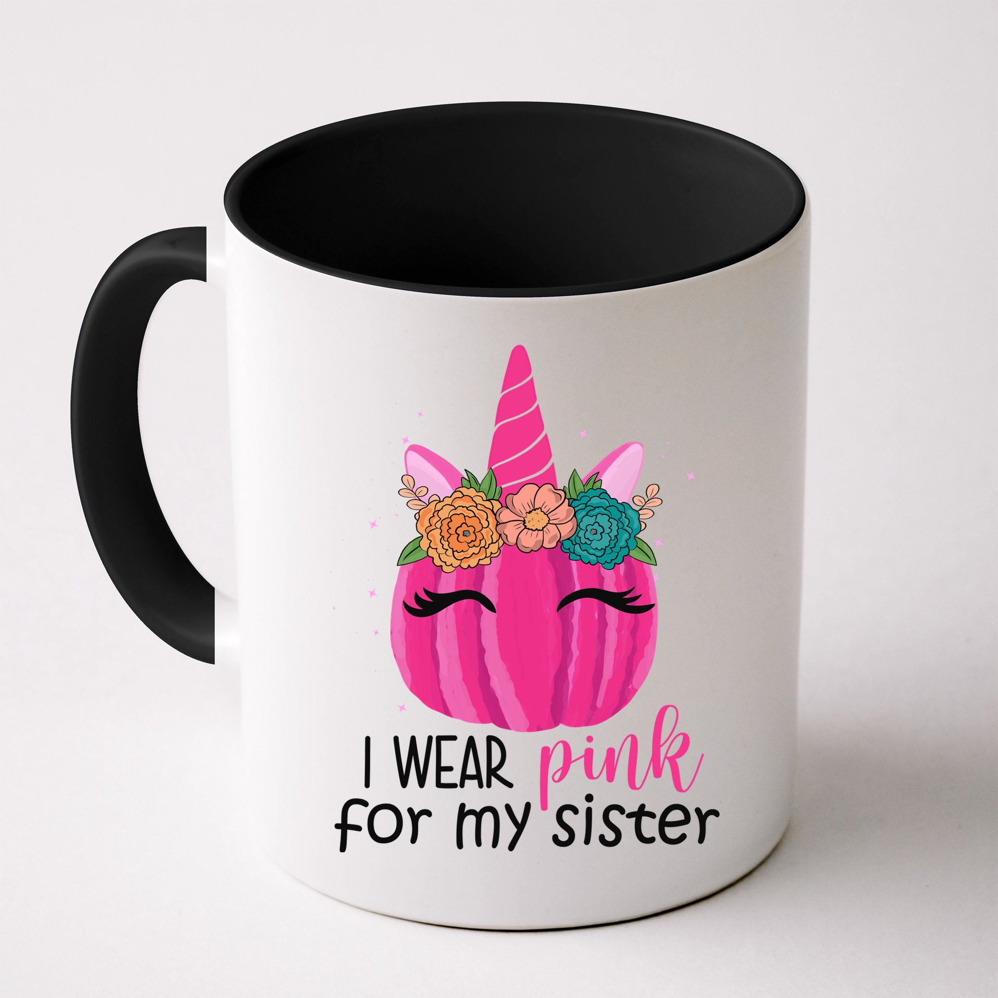 I Wear Pink For My Sister Breast Cancer Awareness Pumpkin Unicorn Mug