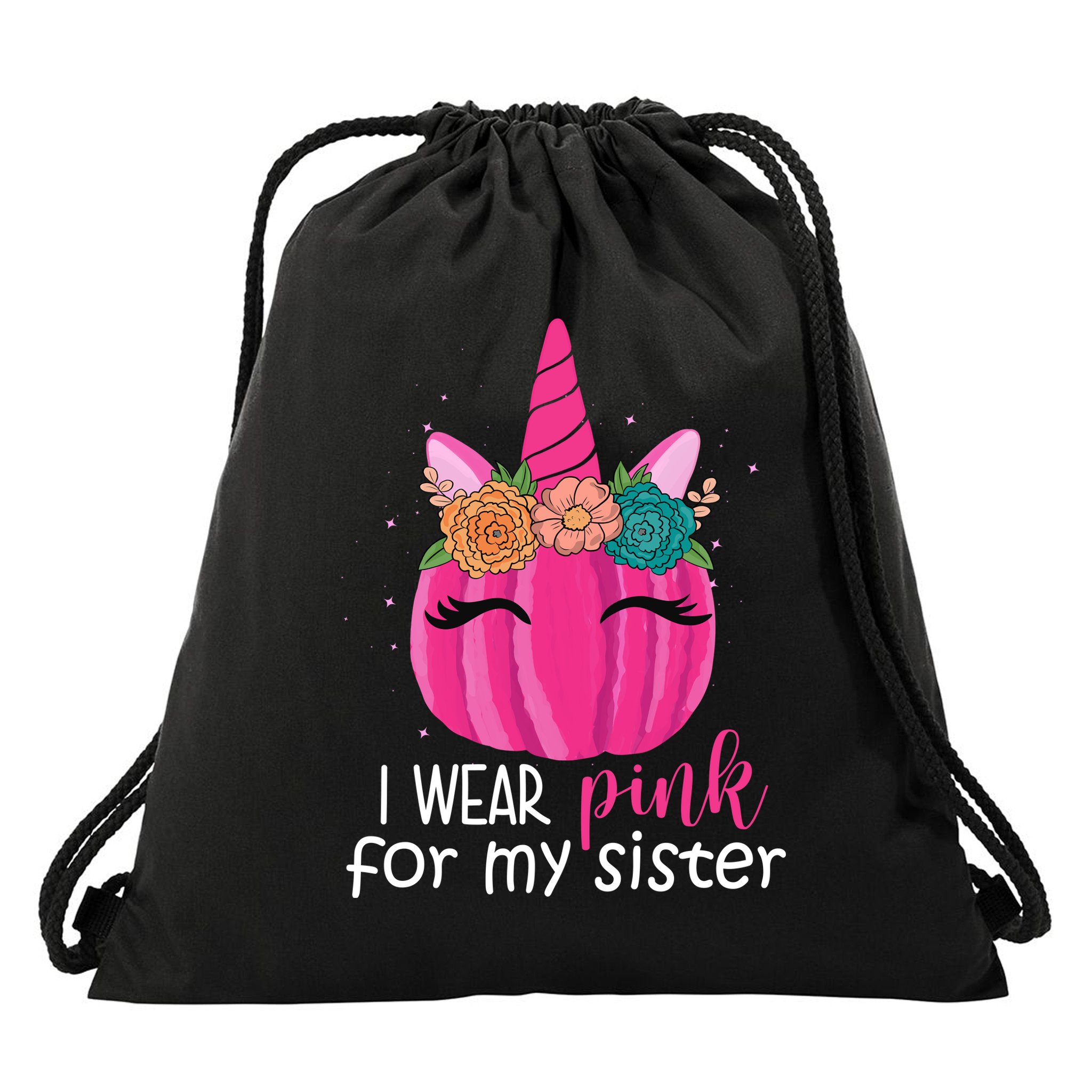 I Wear Pink For My Sister Breast Cancer Awareness Pumpkin Unicorn Drawstring Bag
