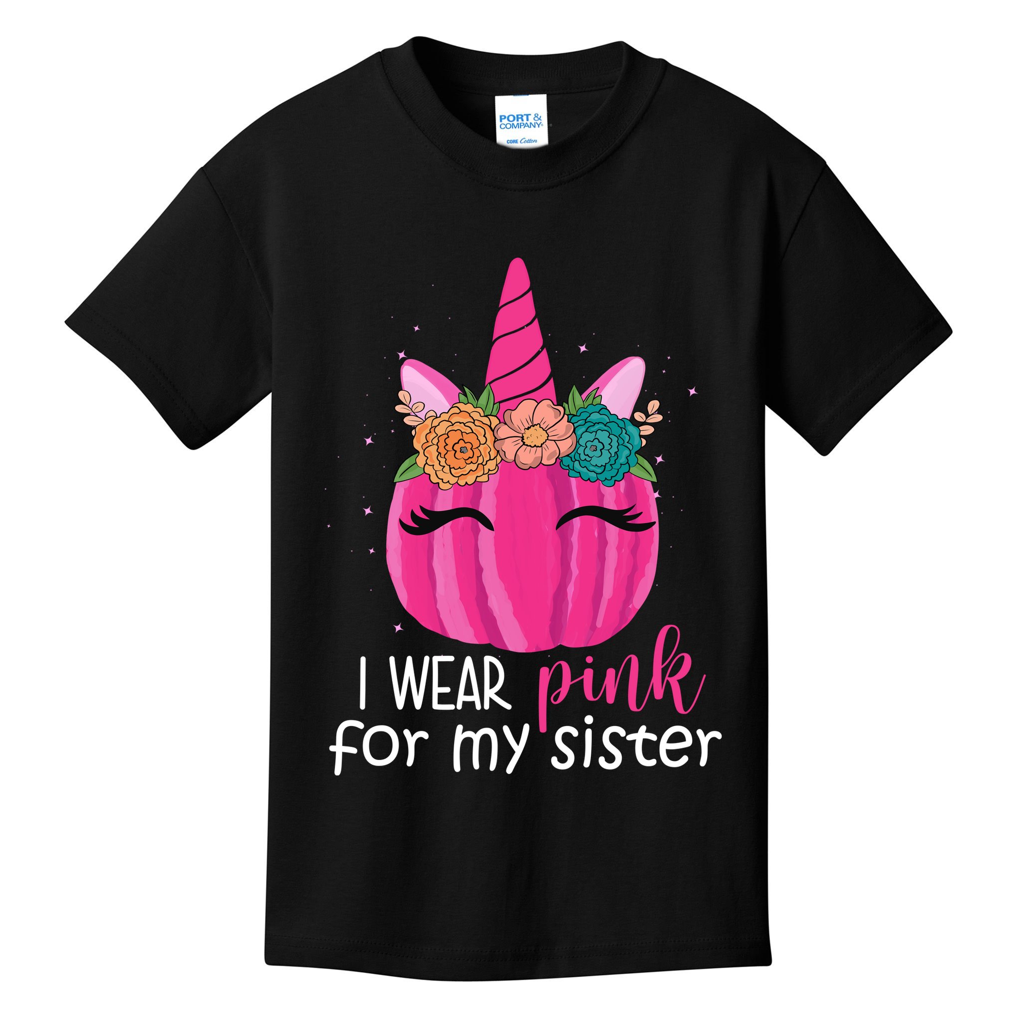 I Wear Pink For My Sister Breast Cancer Awareness Pumpkin Unicorn Kids T-Shirt