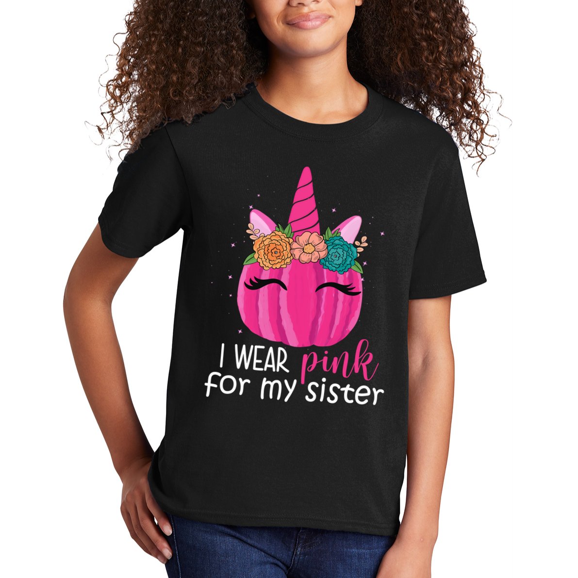 I Wear Pink For My Sister Breast Cancer Awareness Pumpkin Unicorn Kids T-Shirt
