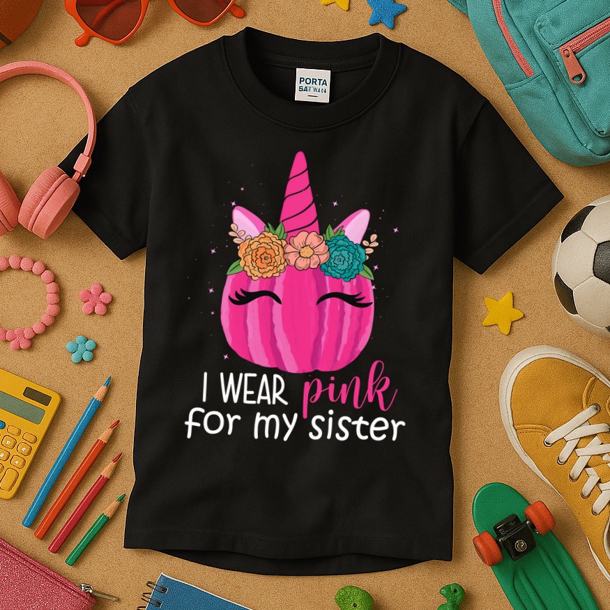I Wear Pink For My Sister Breast Cancer Awareness Pumpkin Unicorn Kids T-Shirt