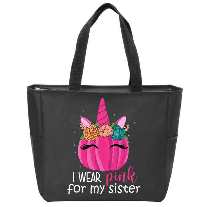 I Wear Pink For My Sister Breast Cancer Awareness Pumpkin Unicorn Zip Tote Bag