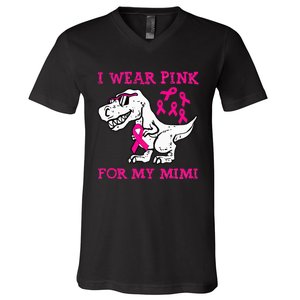 I Wear Pink For My Mimi Breast Cancer Awareness T Rex Dino V-Neck T-Shirt