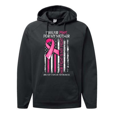 I Wear Pink For My Mother Breast Cancer Ribbon American Flag Performance Fleece Hoodie