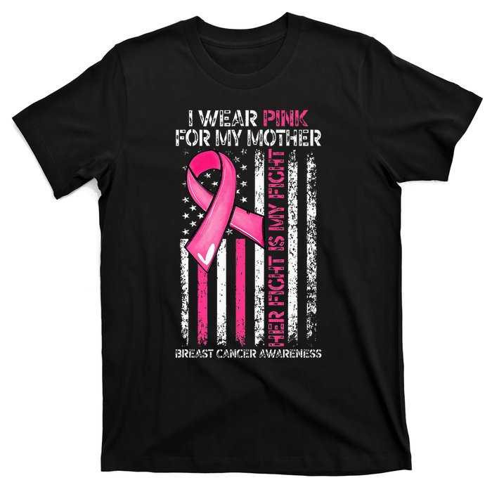 I Wear Pink For My Mother Breast Cancer Ribbon American Flag T-Shirt